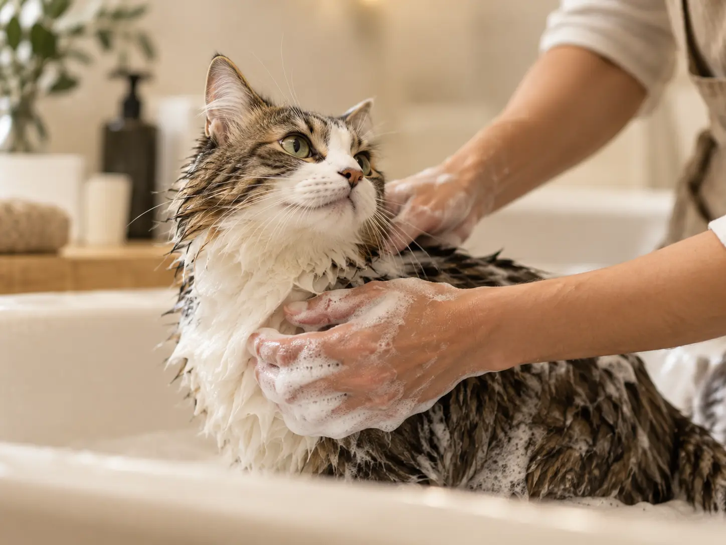 Gato a receber um banho com manuseamento delicado.